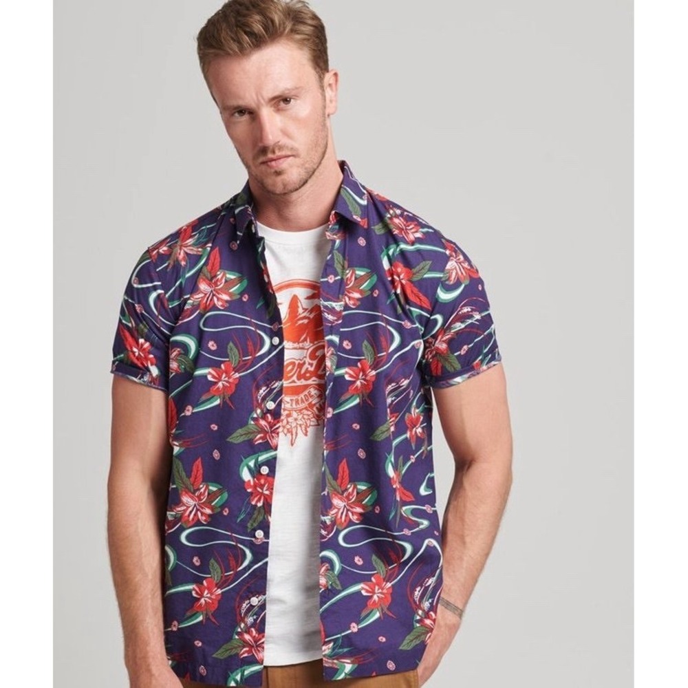 Superdry & Co Hawaiian Button Shirt Short Sleeve Navy Lily AOP Sz Large Worn One